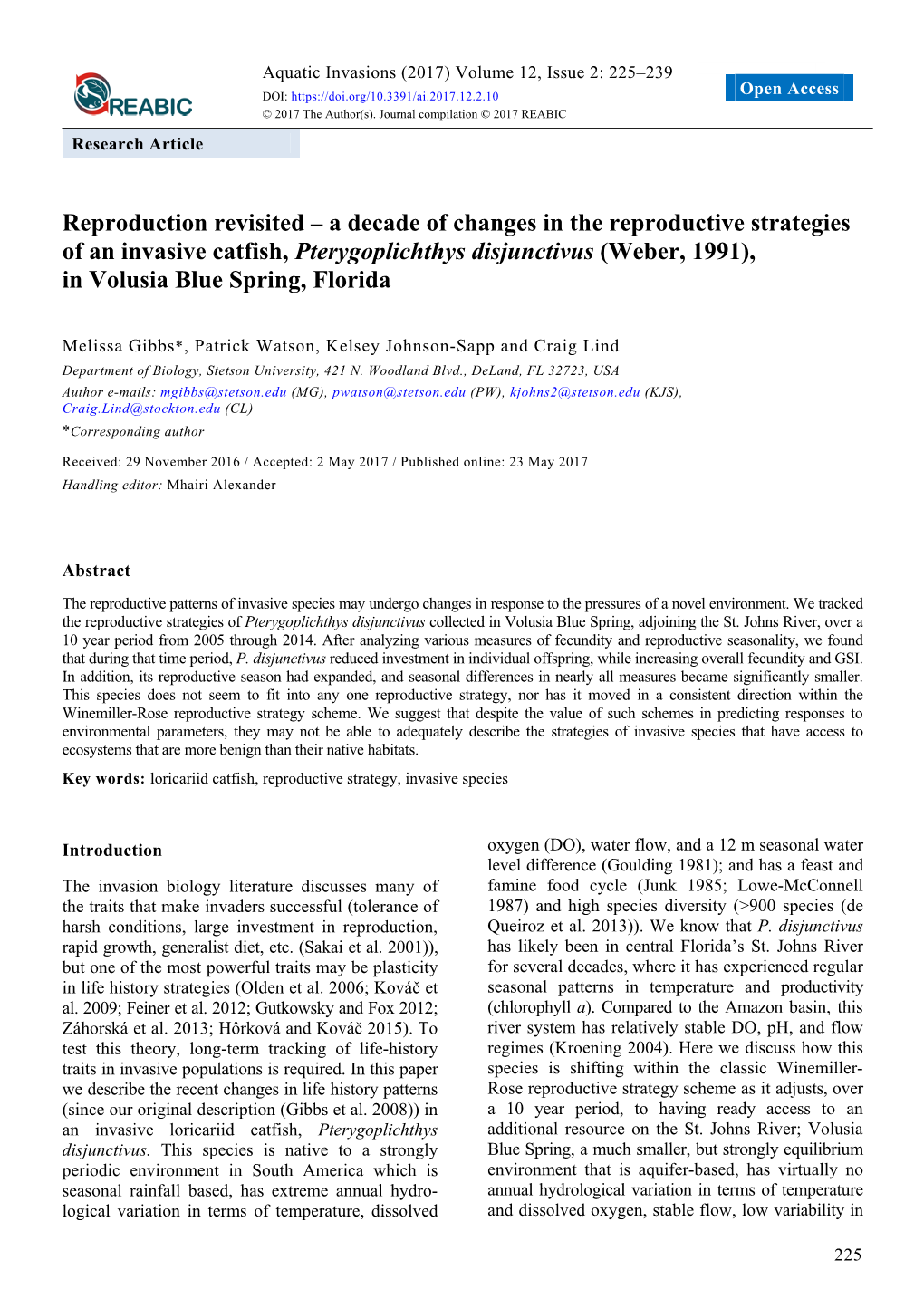 A Decade of Changes in the Reproductive Strategies of an Invasive Catfish, Pterygoplichthys Disjunctivus (Weber, 1991), in Volusia Blue Spring, Florida