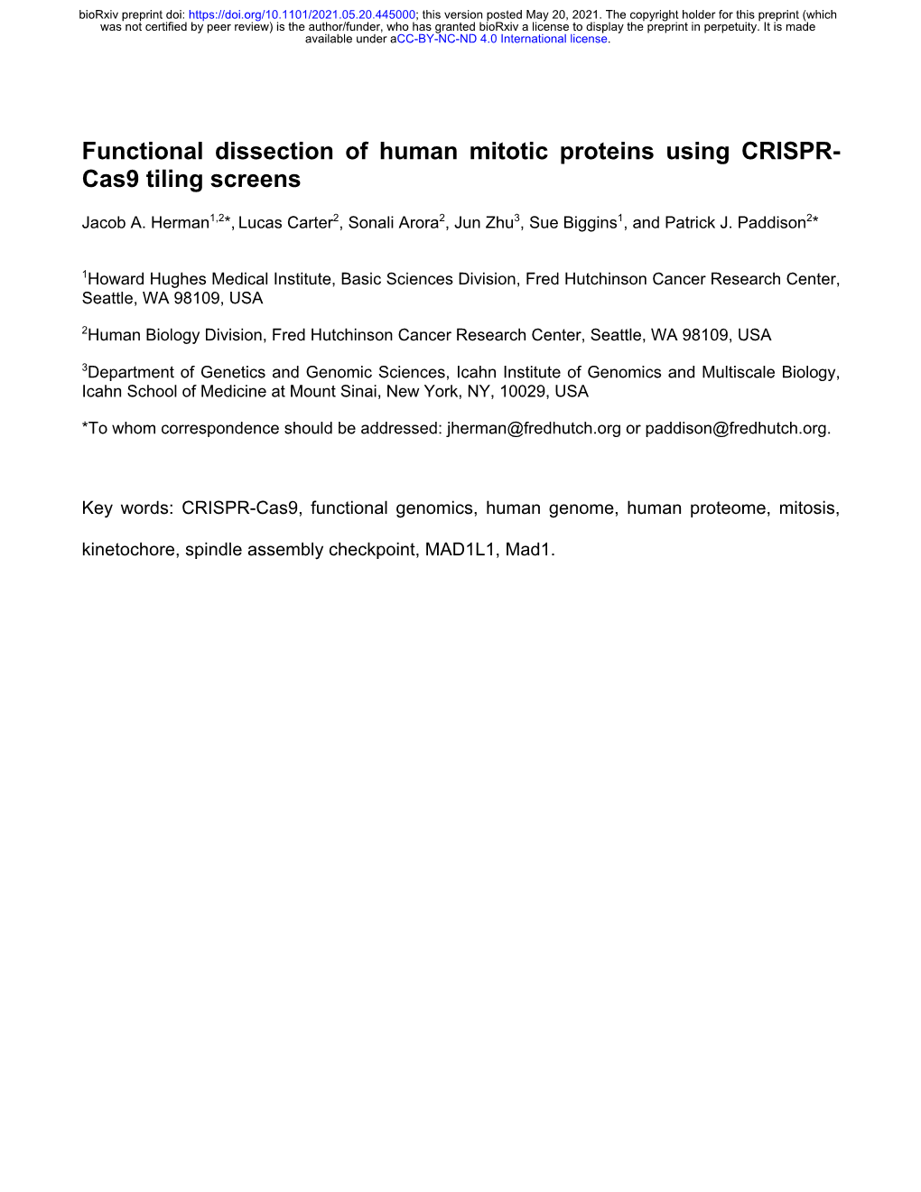 Functional Dissection of Human Mitotic Proteins Using CRISPR-Cas9 Tiling Screens