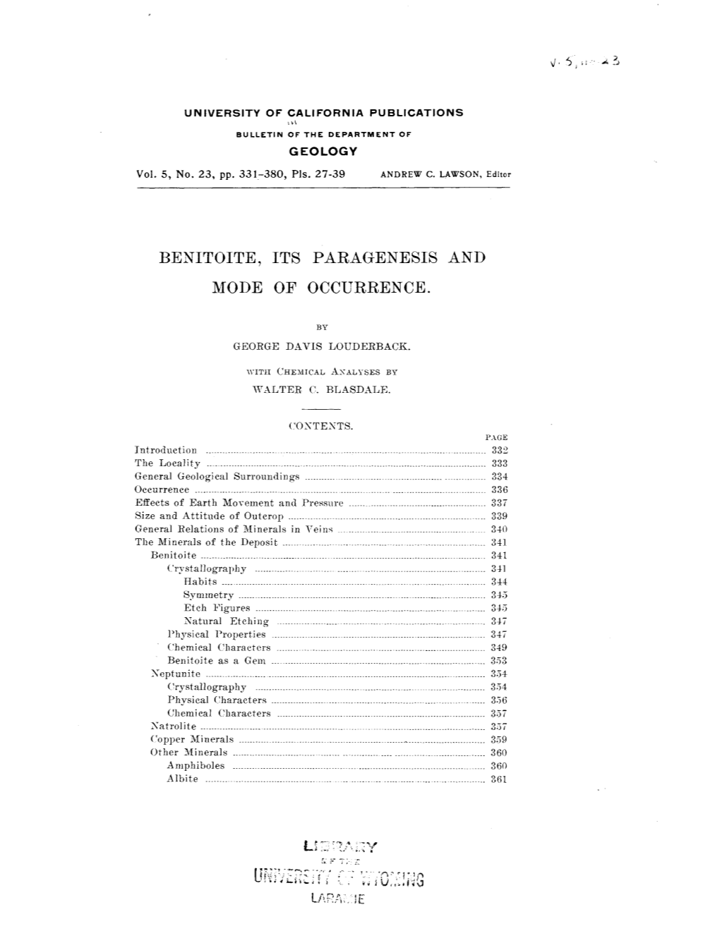 Benitoite, Its Paragenesis and Mode of Occurrence