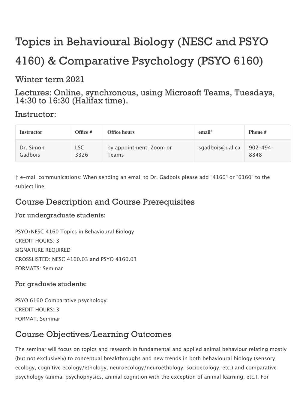 Comparative Psychology (PSYO 6160)