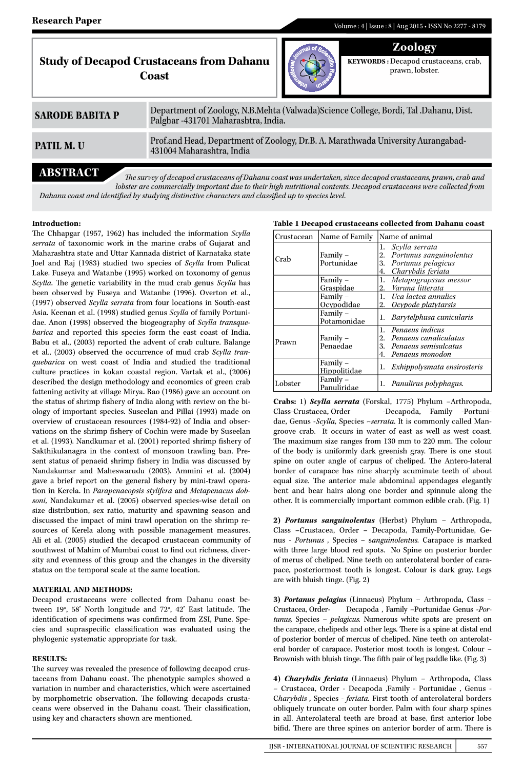 Zoology Study of Decapod Crustaceans from Dahanu Coast