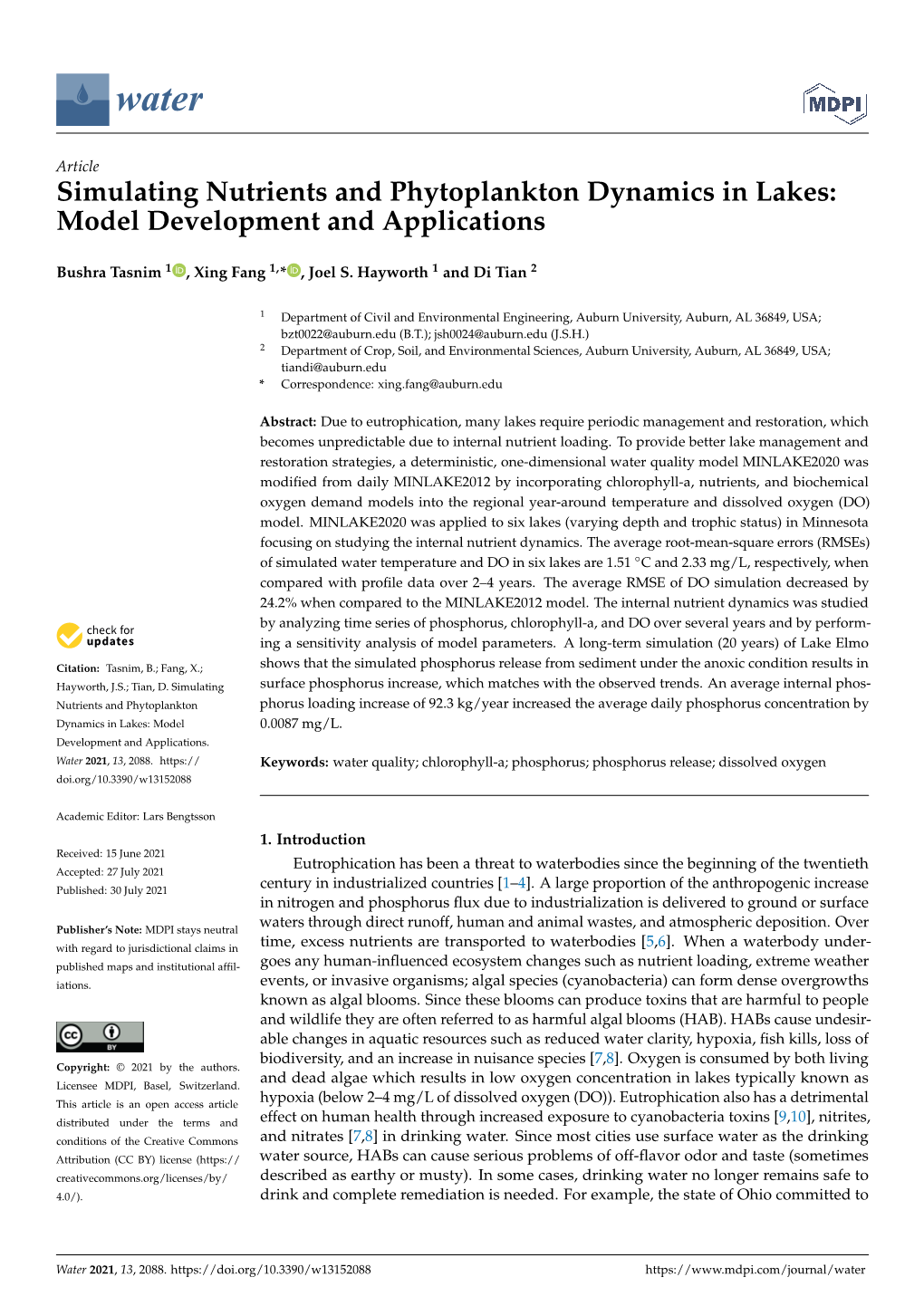 Simulating Nutrients and Phytoplankton Dynamics in Lakes: Model Development and Applications