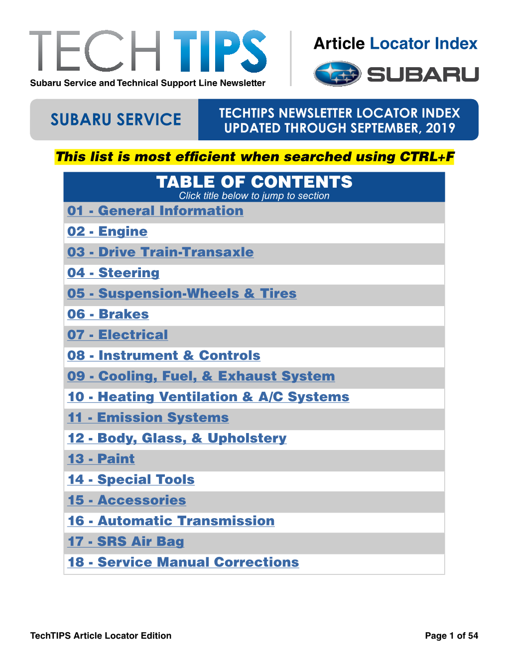 Article Locator Index TABLE of CONTENTS SUBARU SERVICE