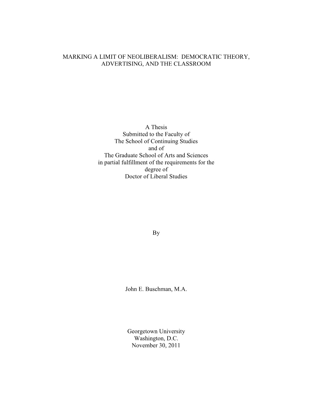 Marking a Limit of Neoliberalism: Democratic Theory, Advertising, and the Classroom