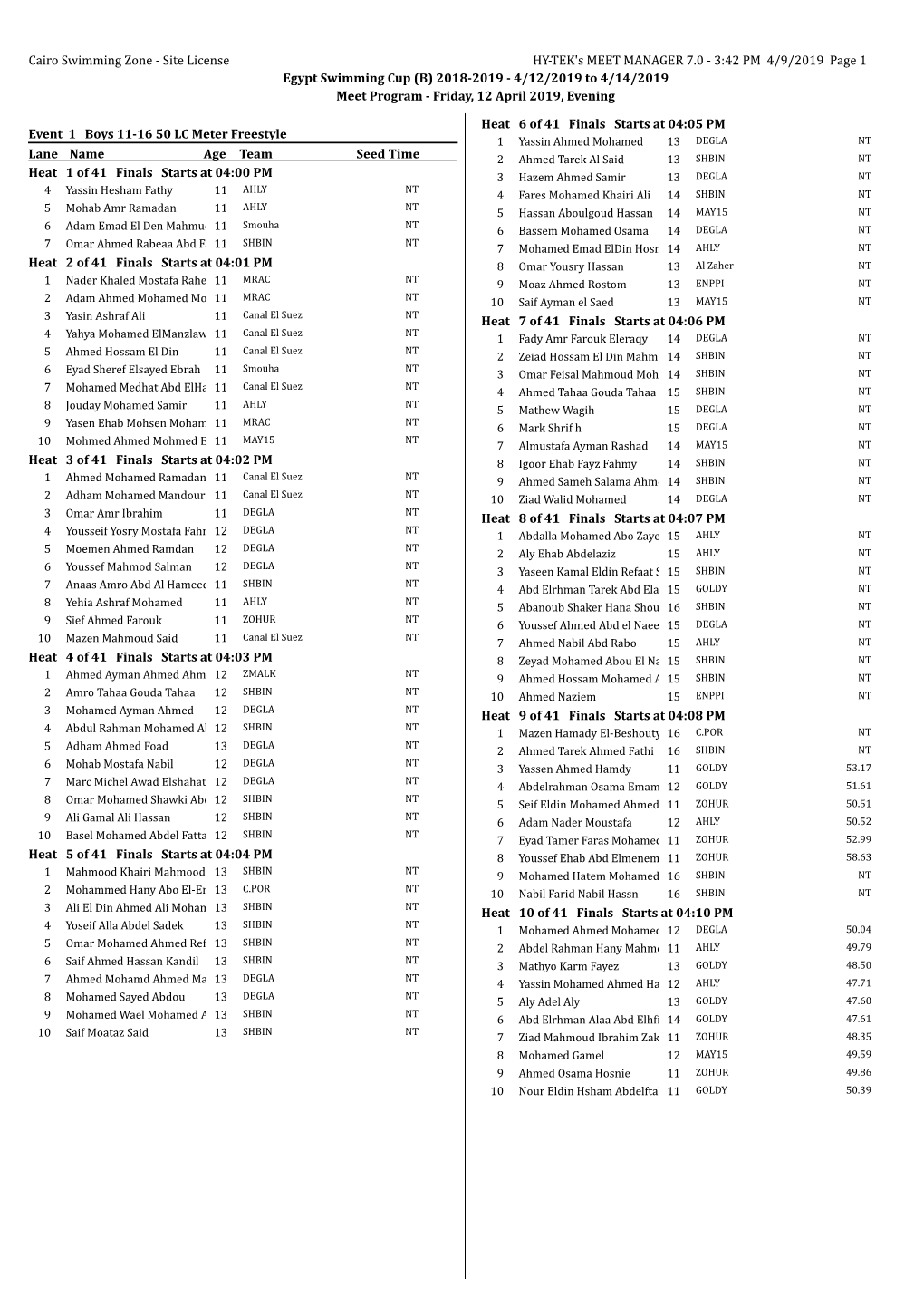 3:42 PM 4/9/2019 Page 1 Egypt Swimming Cup (B) 2018-2019 - 4/12/2019 to 4/14/2019 Meet Program - Friday, 12 April 2019, Evening