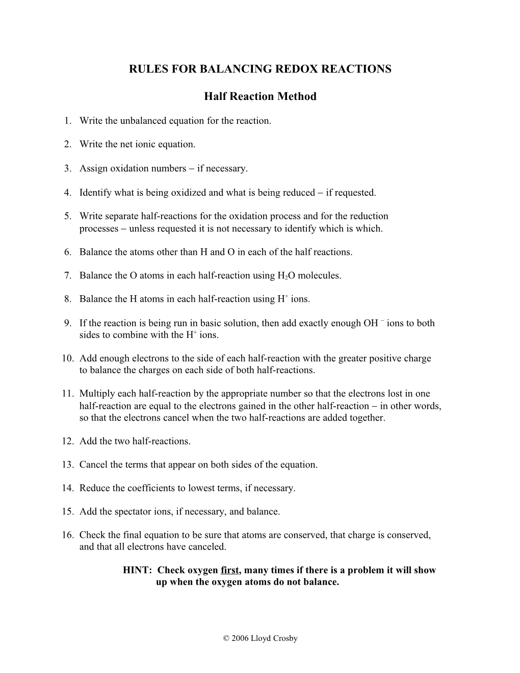 Rules for Balancing Redox Reactions