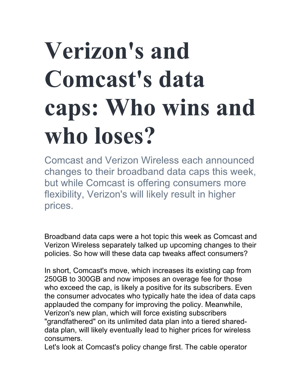 Verizon's and Comcast's Data Caps