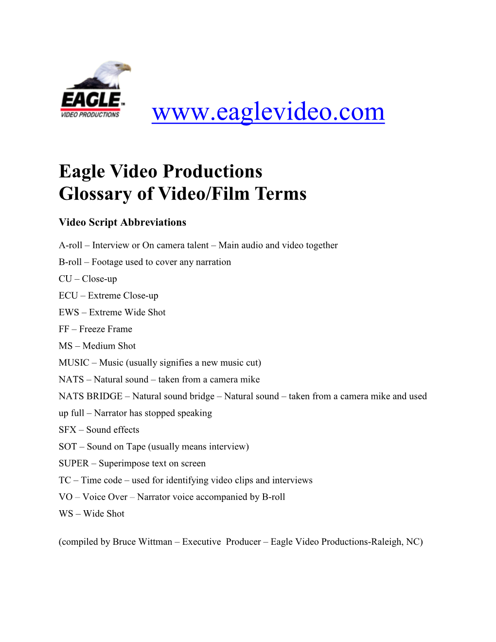 Eagle Video Productions Glossary of Video/Film Terms