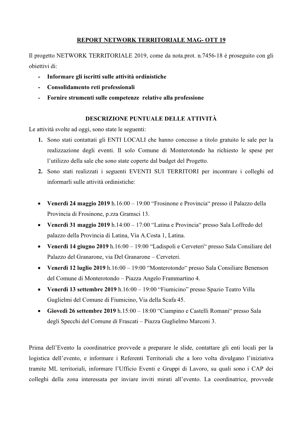 Report Network Territoriale Maggio/Ottobre Anno 2019