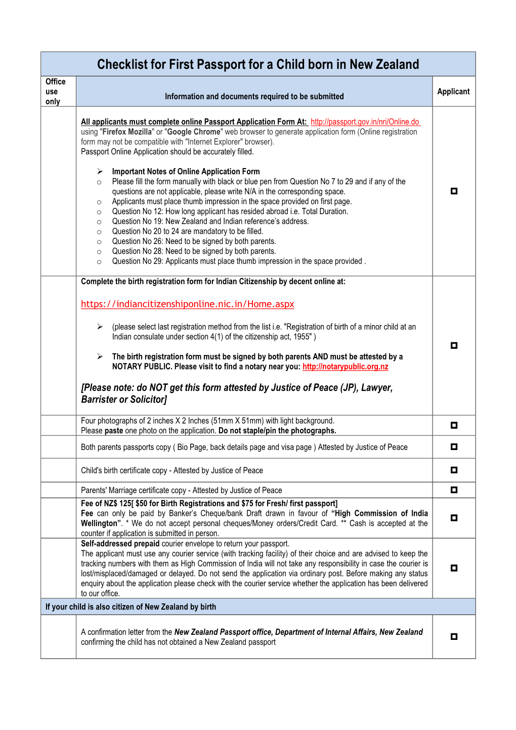 Checklist for First Passport for a Child Born in New Zealand Office Use Applicant Information and Documents Required to Be Submitted Only