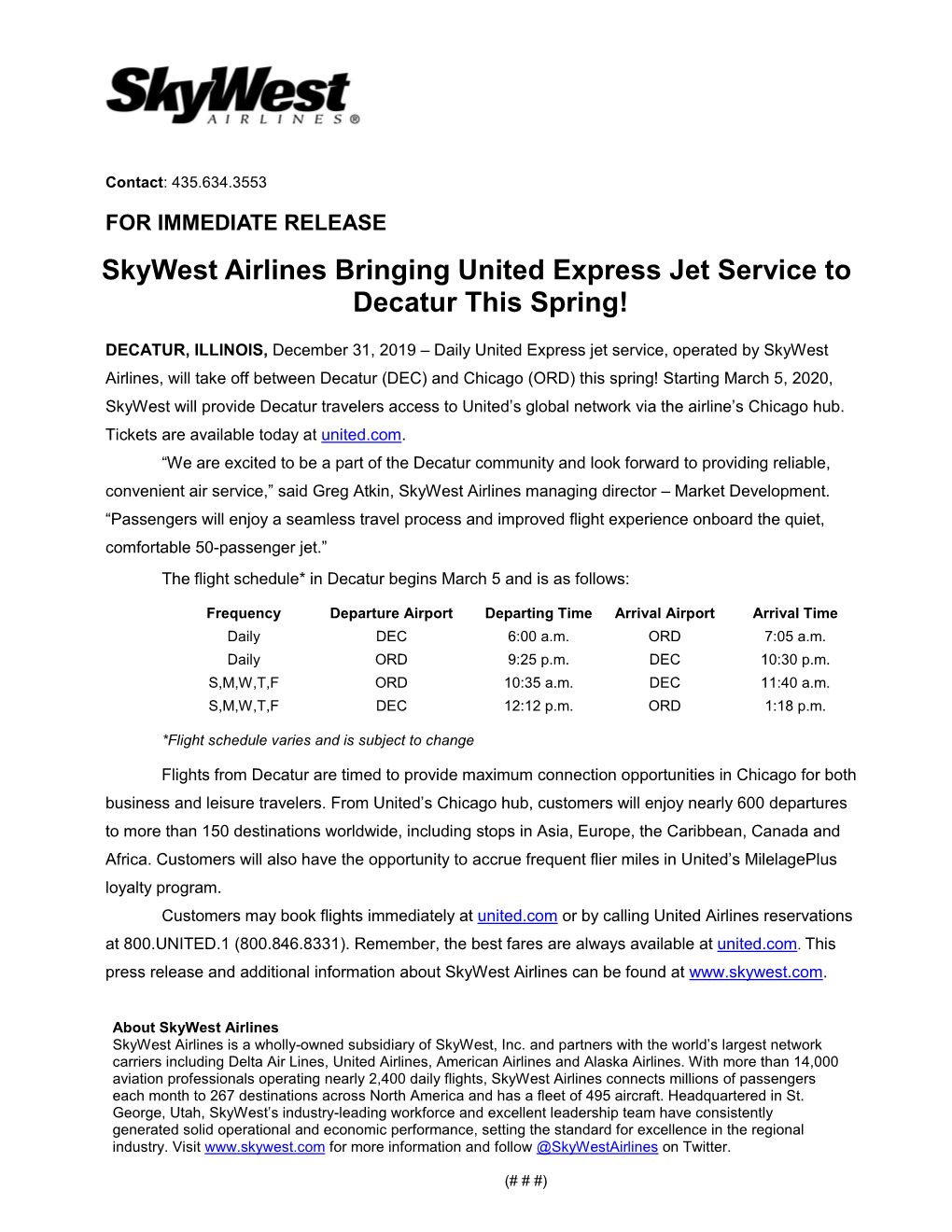 Skywest Airlines Bringing United Express Jet Service to Decatur This Spring!