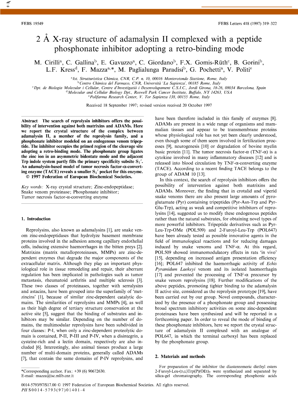 2 Å X-Ray Structure of Adamalysin II Complexed with a Peptide Phosphonate Inhibitor Adopting a Retro-Binding Mode