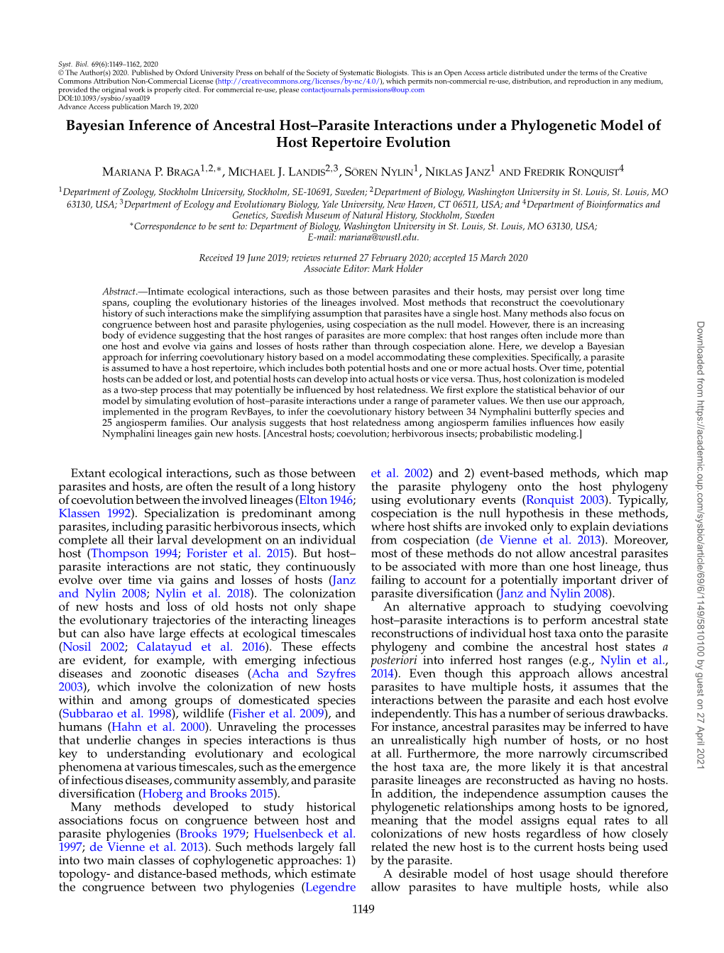 Bayesian Inference of Ancestral Host–Parasite Interactions Under a Phylogenetic Model of Host Repertoire Evolution