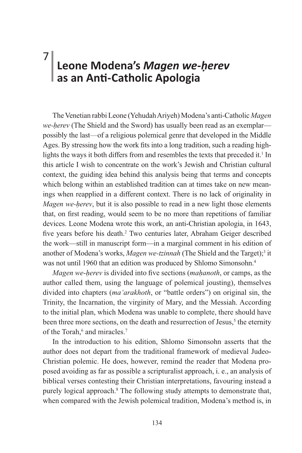 7 Leone Modena's Magen We-Ḥerev As an Anti-Catholic Apologia