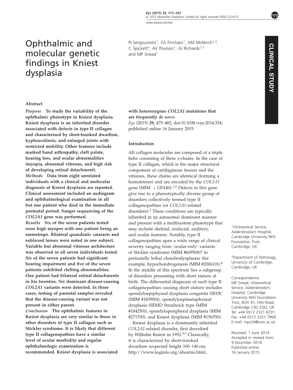 Ophthalmic and Molecular Genetic Findings in Kniest Dysplasia