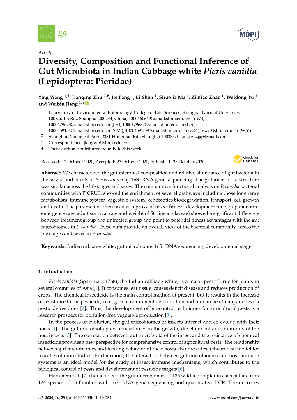 Diversity, Composition and Functional Inference of Gut Microbiota in Indian Cabbage White Pieris Canidia (Lepidoptera: Pieridae)