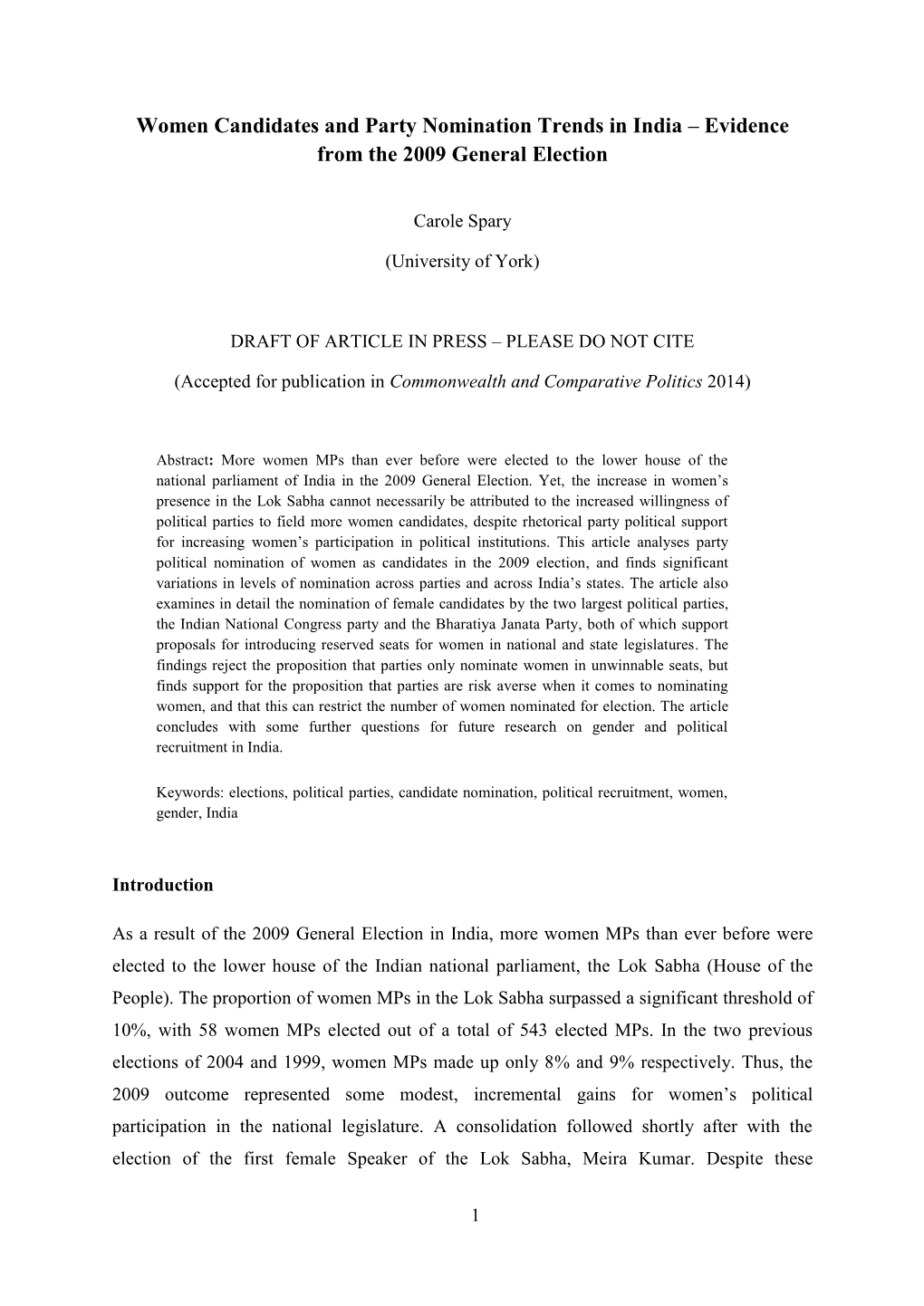 Women Candidates and Party Nomination Trends in India – Evidence from the 2009 General Election