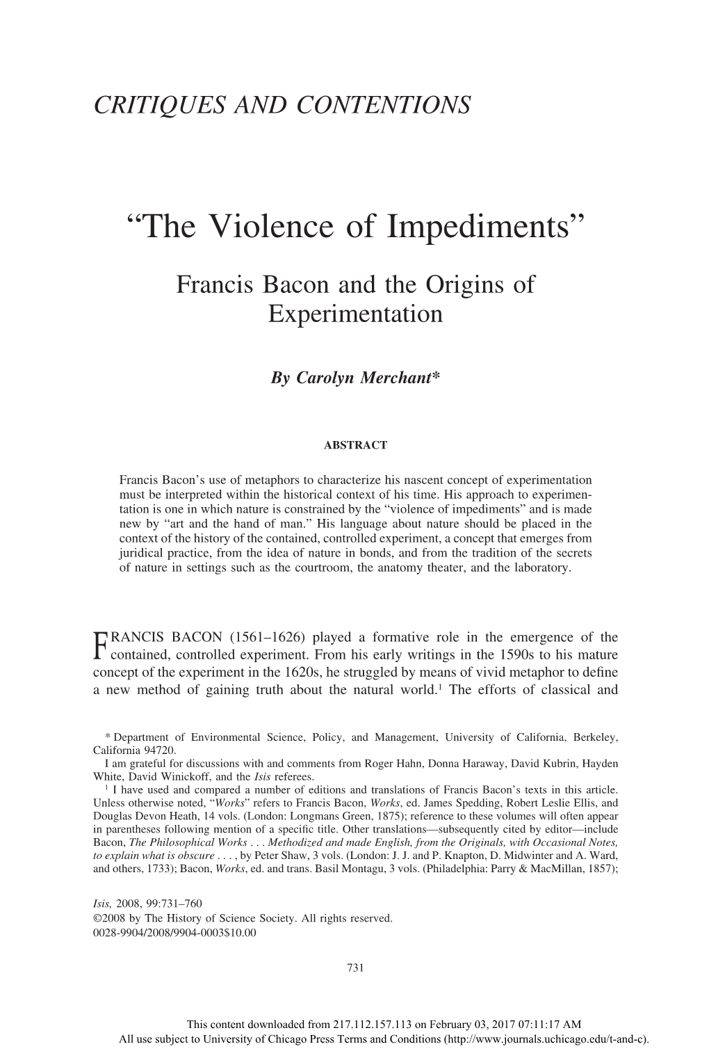 “The Violence of Impediments”: Francis Bacon and the Origins Of