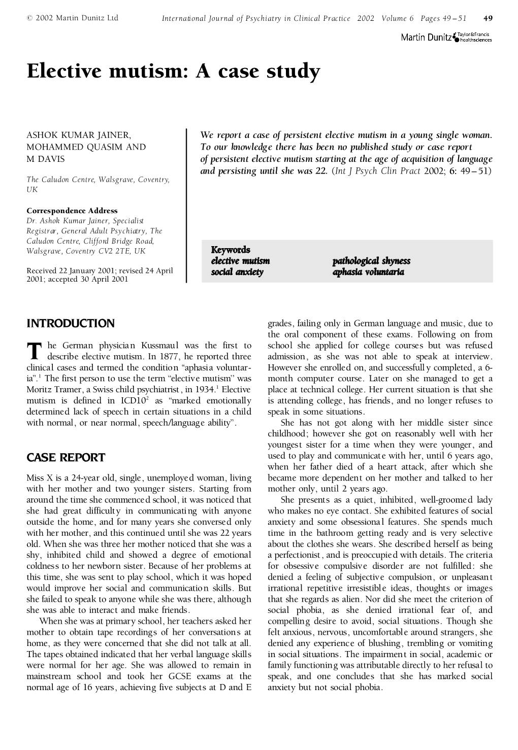 Elective Mutism: a Case Study