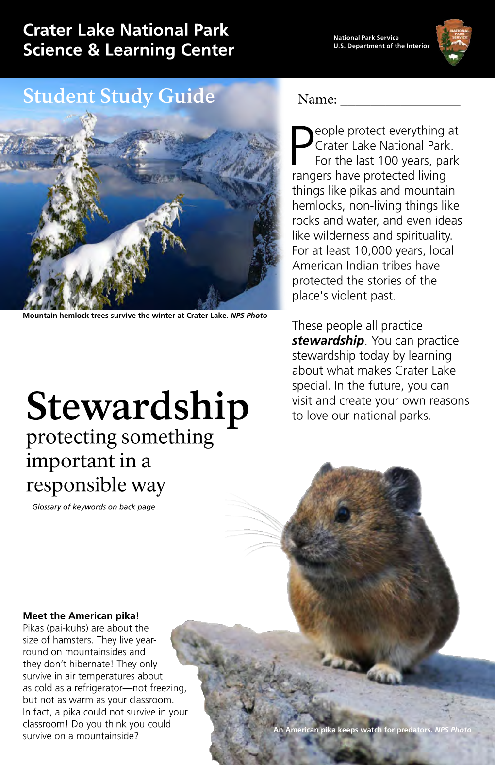 Crater Lake National Park Student Study Guide