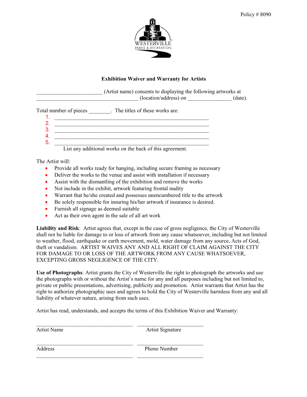 Exhibition Waiver and Warranty for Artists