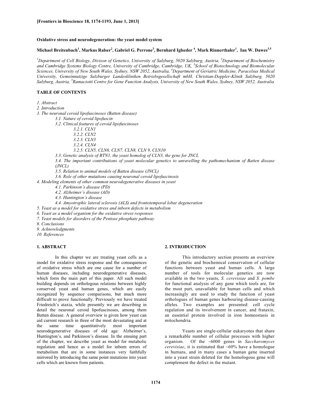 1174 Oxidative Stress and Neurodegeneration: the Yeast