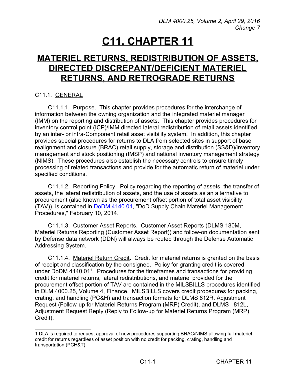 Chapter 11 - Materiel Returns, Redistribution of Assets, Directed Discrepant/Deficient