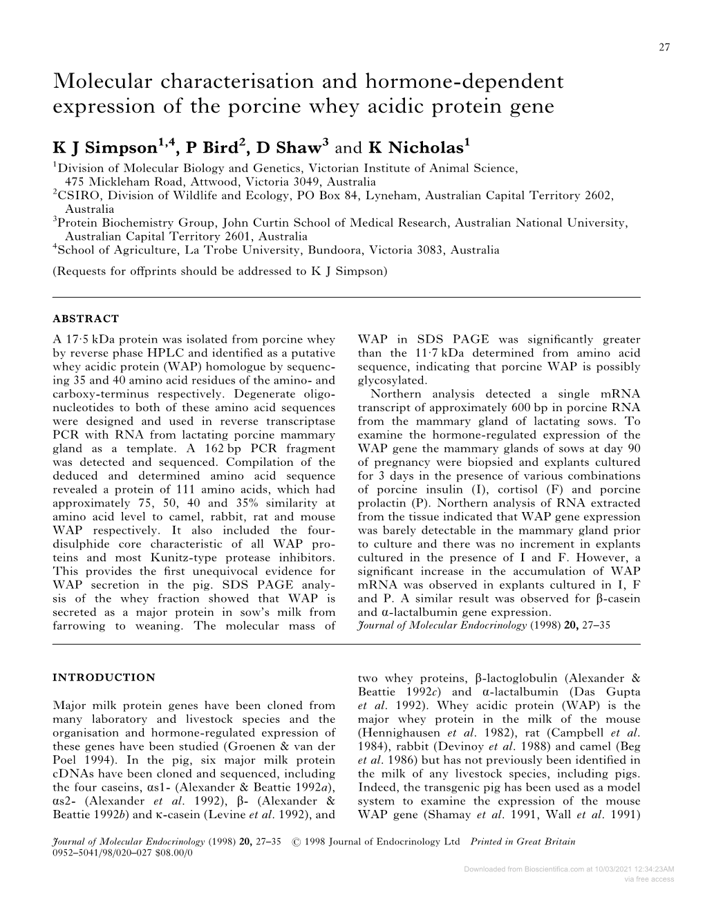 Downloaded from Bioscientifica.Com at 10/03/2021 12:34:23AM Via Free Access 28    and Others · Characterisation and Expression of Porcine WAP Gene