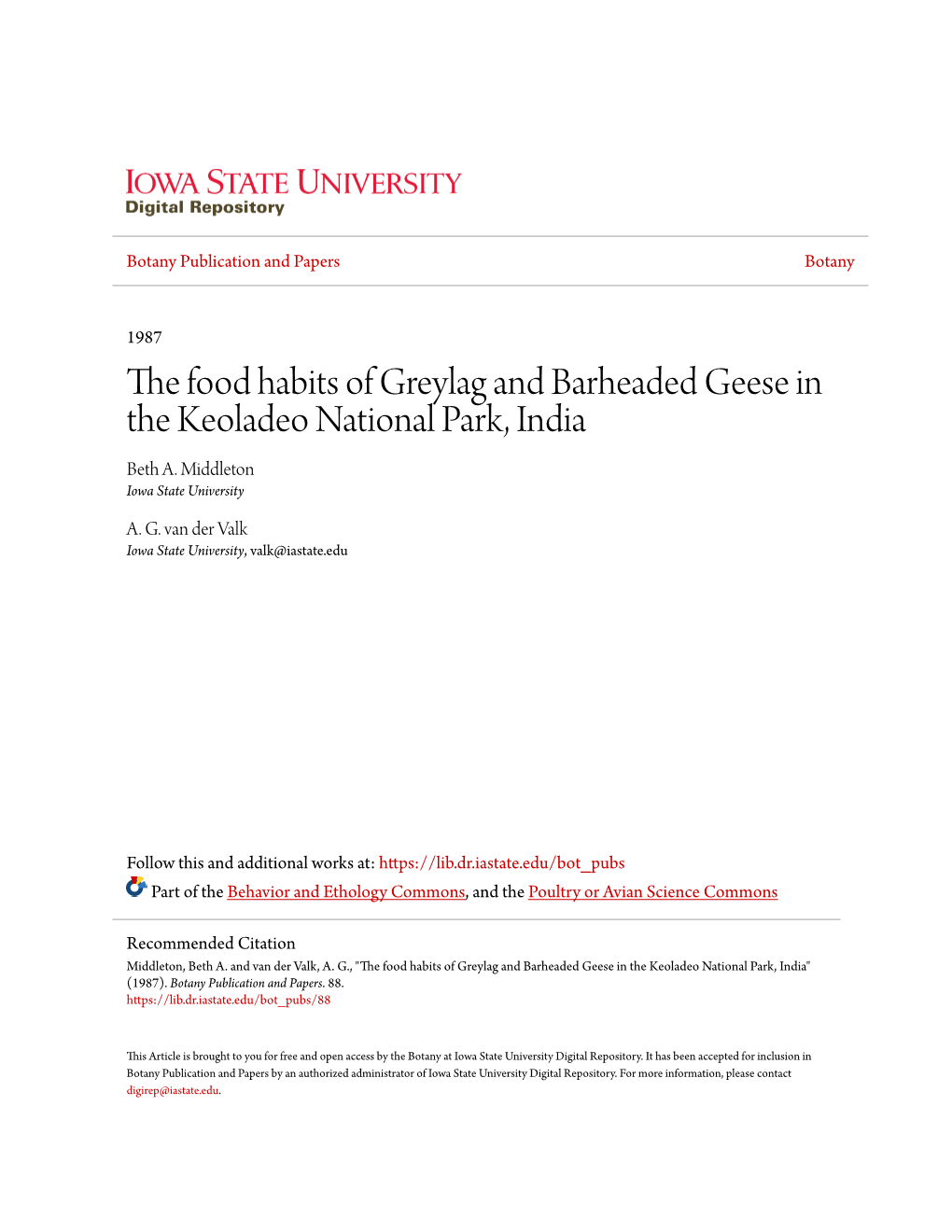 The Food Habits of Greylag and Barheaded Geese in the Keoladeo National Park, India Beth A