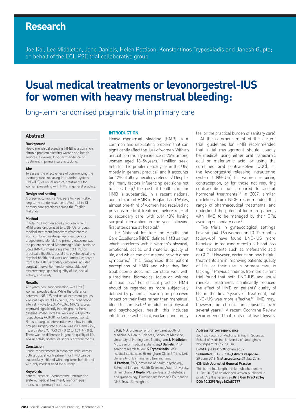 Usual Medical Treatments Or Levonorgestrel-IUS for Women with Heavy Menstrual Bleeding: Long-Term Randomised Pragmatic Trial in Primary Care