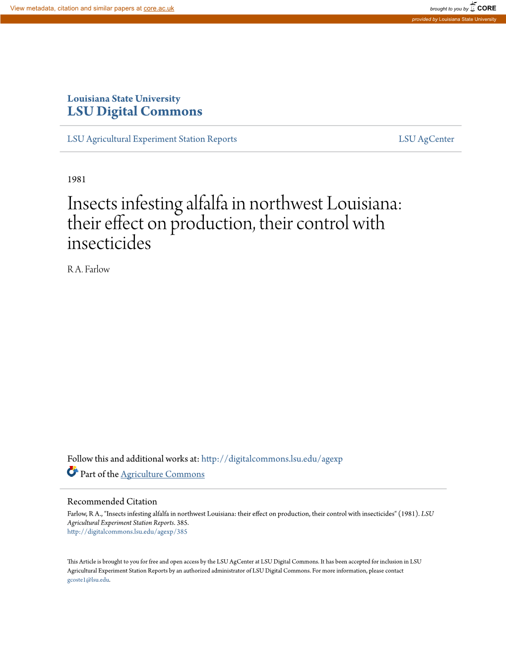 Insects Infesting Alfalfa in Northwest Louisiana: Their Effect on Production, Their Control with Insecticides R A