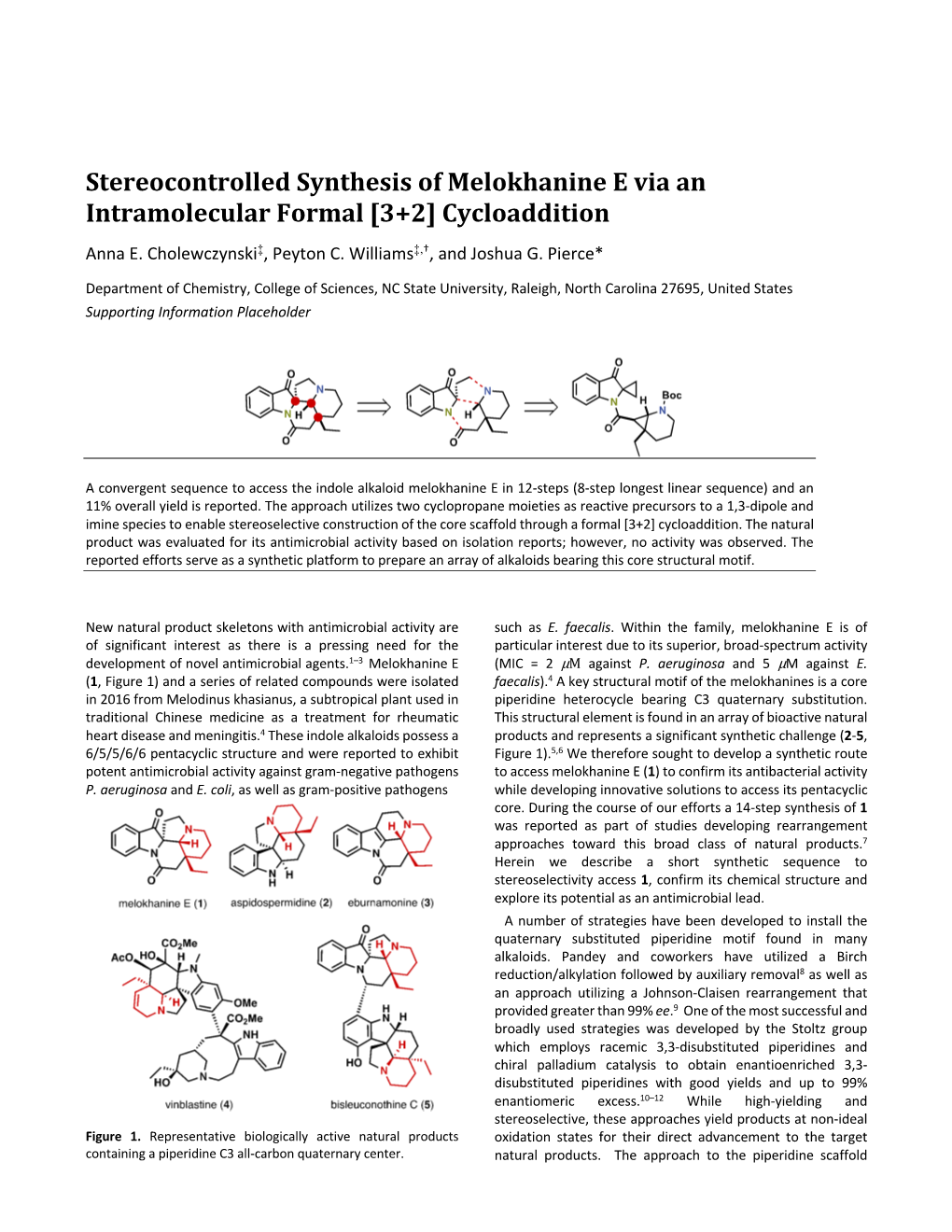 Stereocontrolled Synthesis of Melokhanine E Via an Intramolecular Formal [3+2] Cycloaddition Anna E