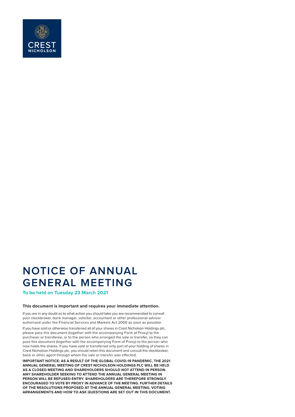 NOTICE of ANNUAL GENERAL MEETING to Be Held on Tuesday 23 March 2021