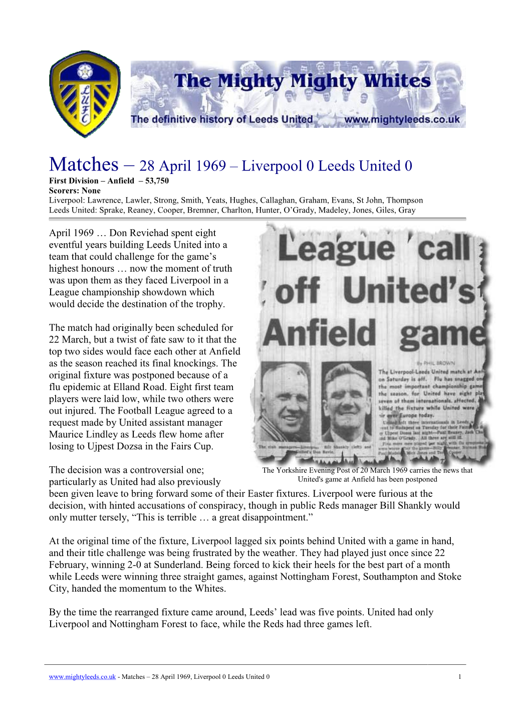 Matches – 28 April 1969 – Liverpool 0 Leeds United 0