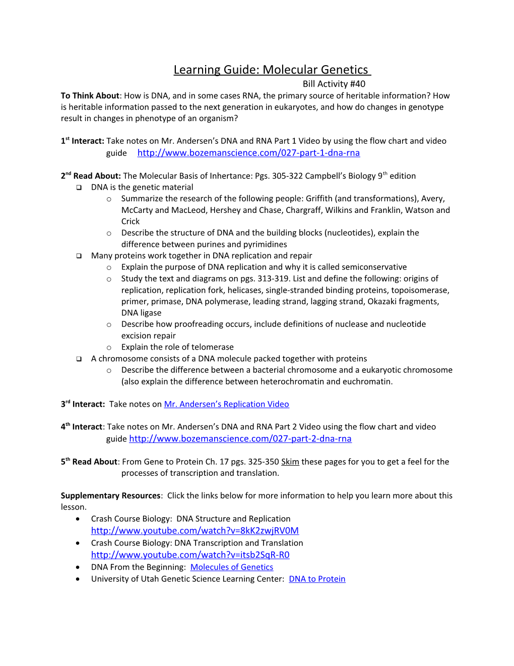 Learning Guide: Molecular Genetics s1