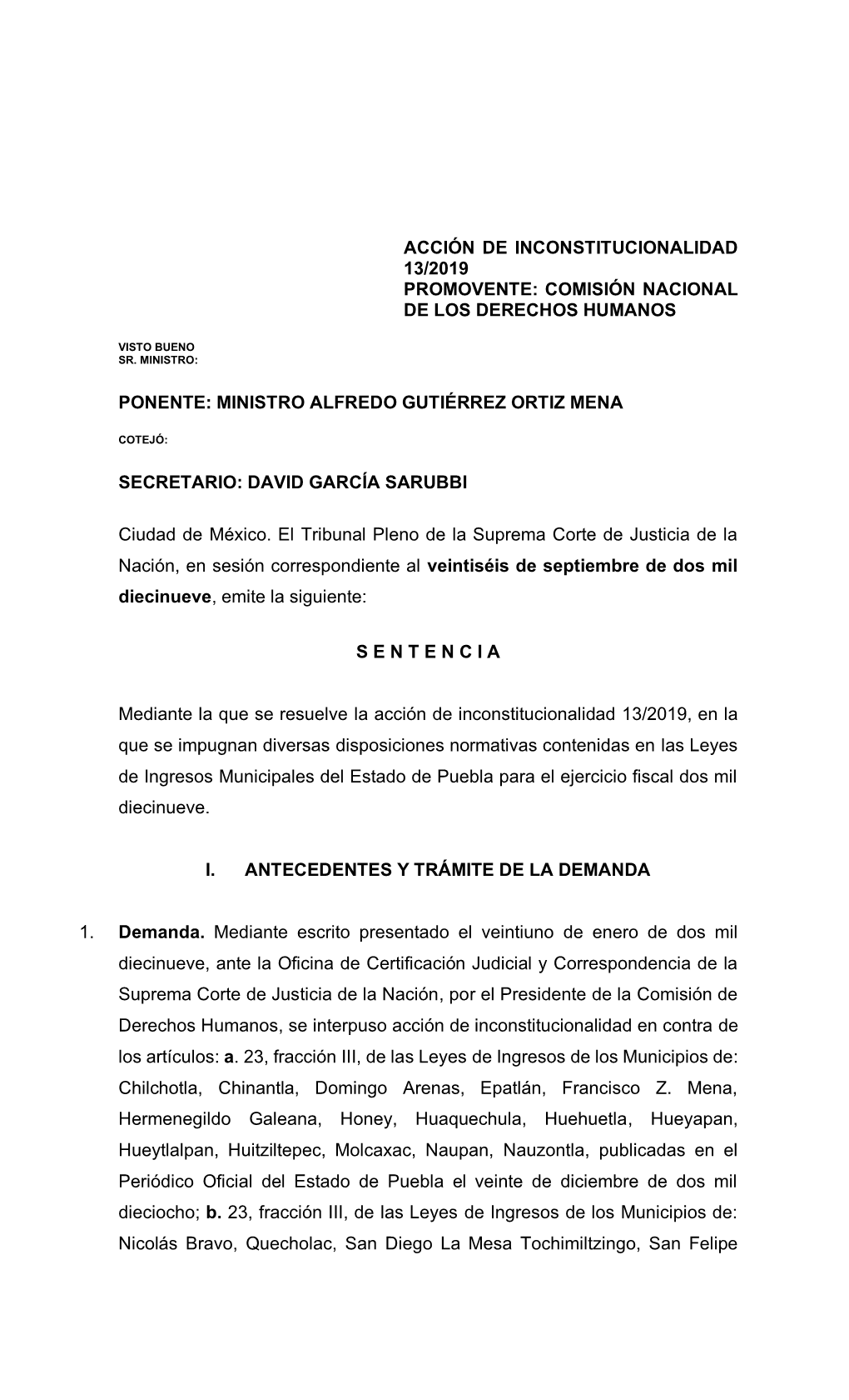 Acción De Inconstitucionalidad 13/2019 Promovente: Comisión Nacional De Los Derechos Humanos