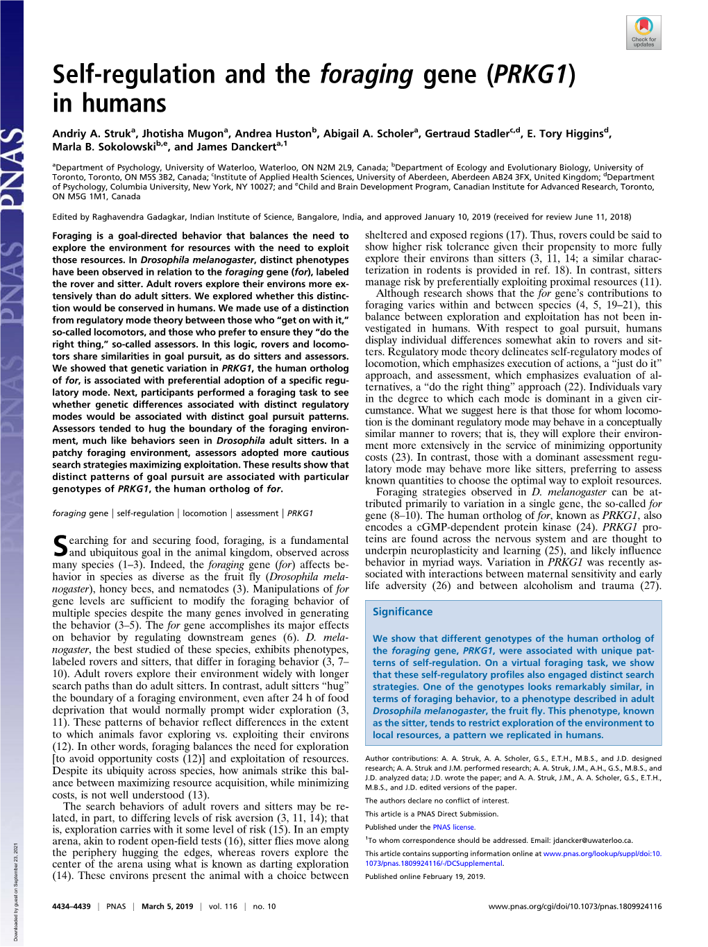 Self-Regulation and the Foraging Gene (PRKG1) in Humans