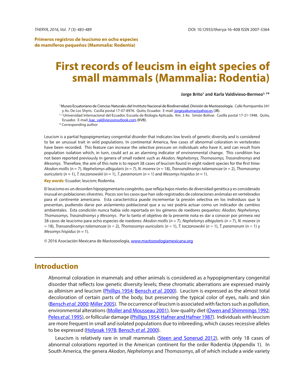 First Records of Leucism in Eight Species of Small Mammals (Mammalia: Rodentia)