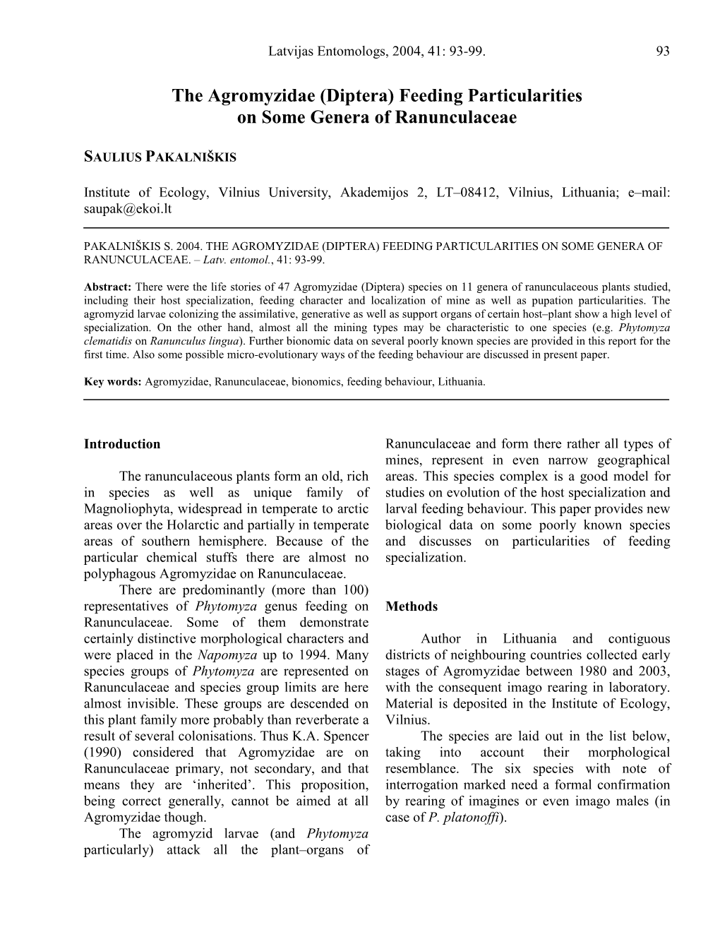 (Diptera) Feeding Particularities in Some Genera of Ranunculaceae