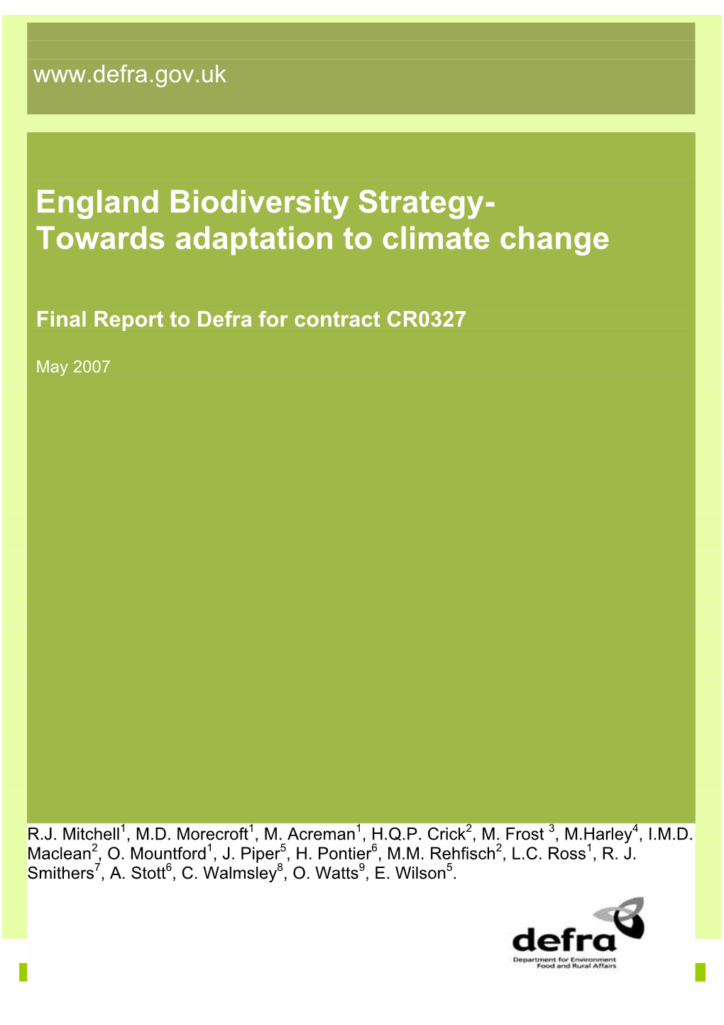 England Biodiversity Strategy- Towards Adaptation to Climate Change