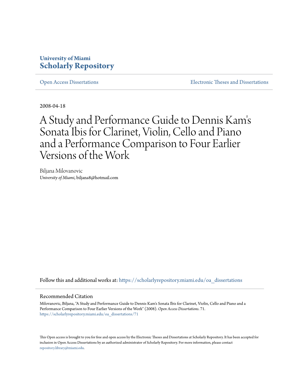 A Study and Performance Guide to Dennis Kam's Sonata Ibis For