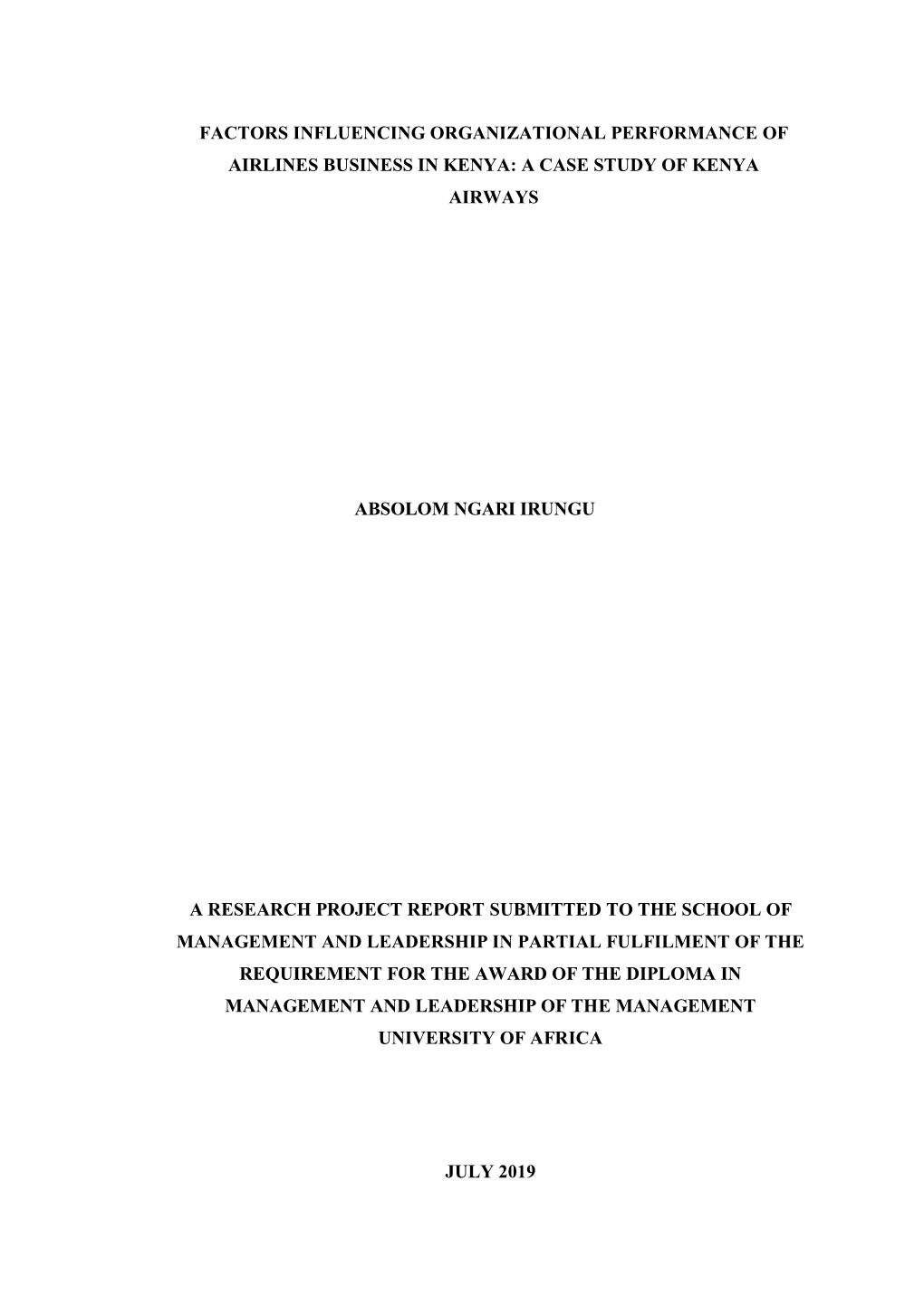 Factors Influencing Organizational Performance of Airlines Business in Kenya: a Case Study of Kenya Airways