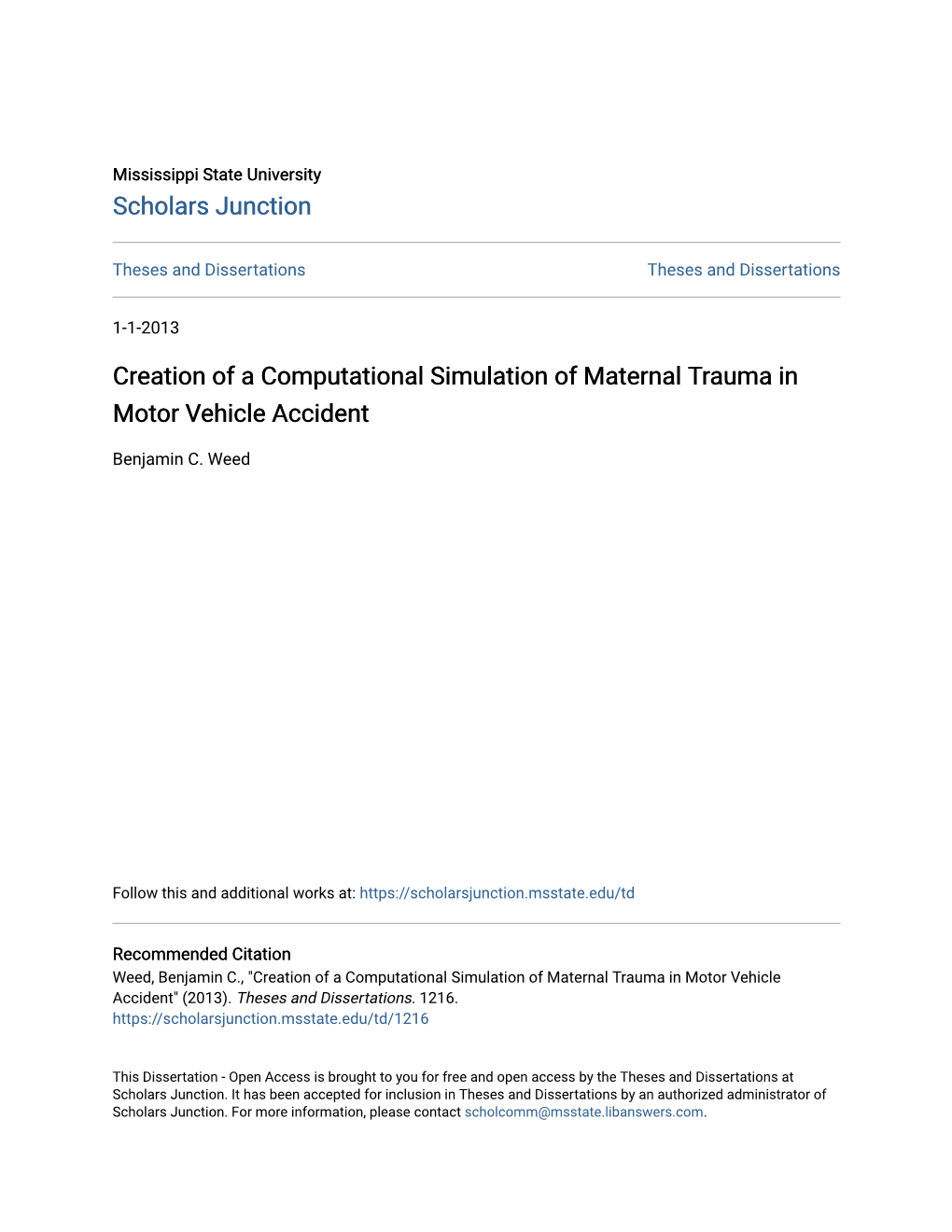 Creation of a Computational Simulation of Maternal Trauma in Motor Vehicle Accident