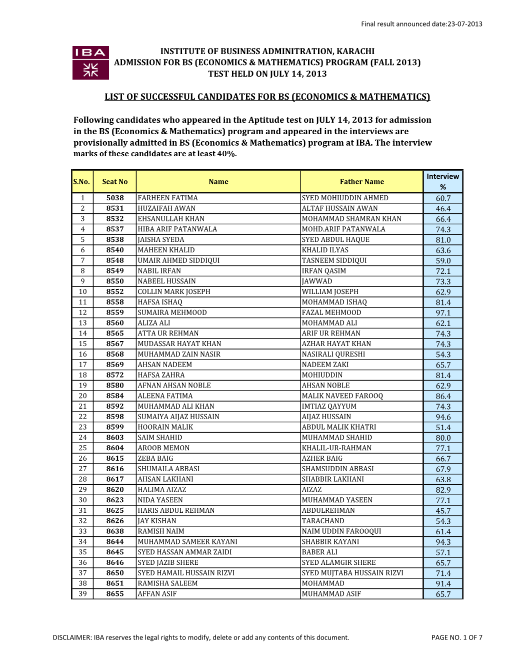 Economics & Mathematics) Program (Fall 2013