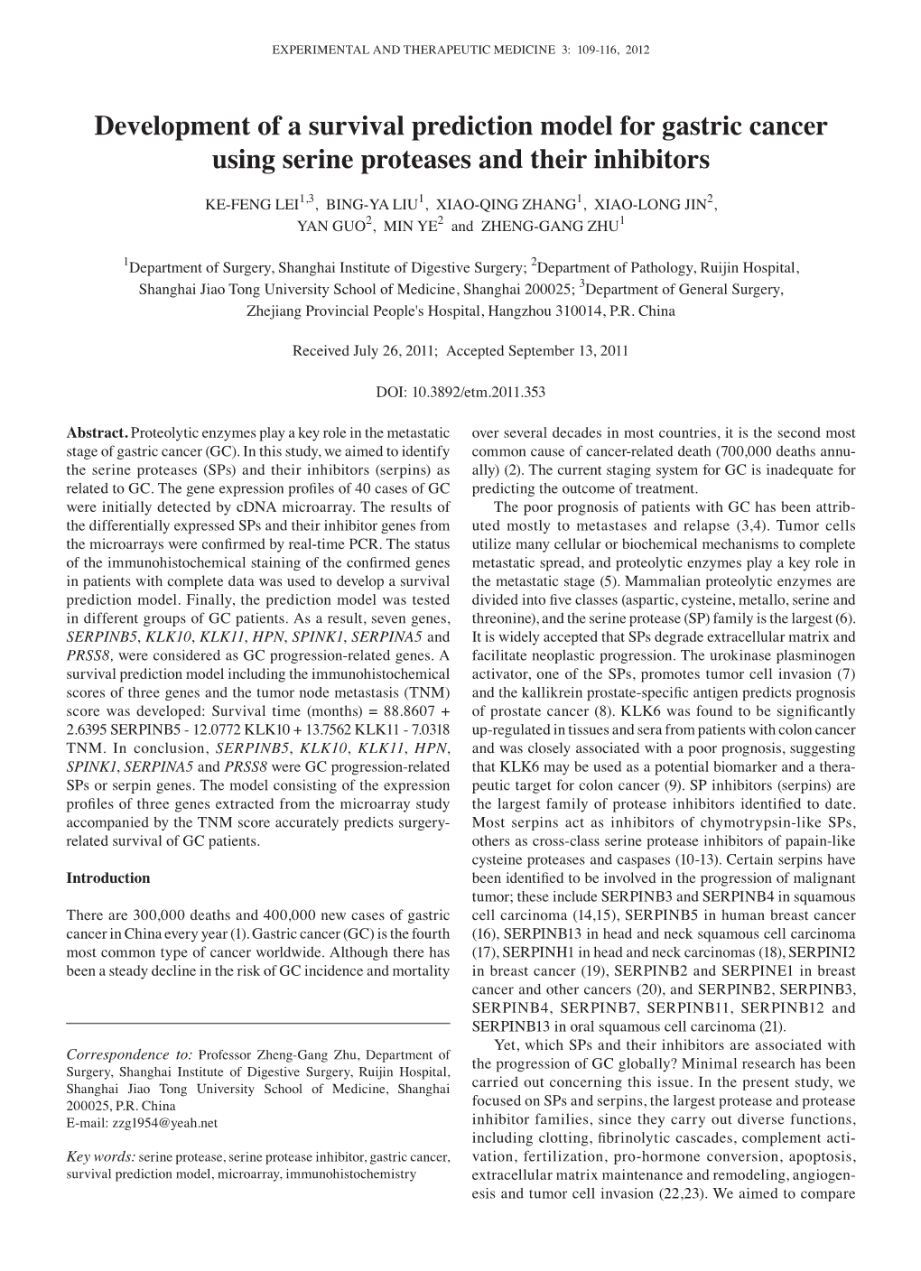 Development of a Survival Prediction Model for Gastric Cancer Using Serine Proteases and Their Inhibitors