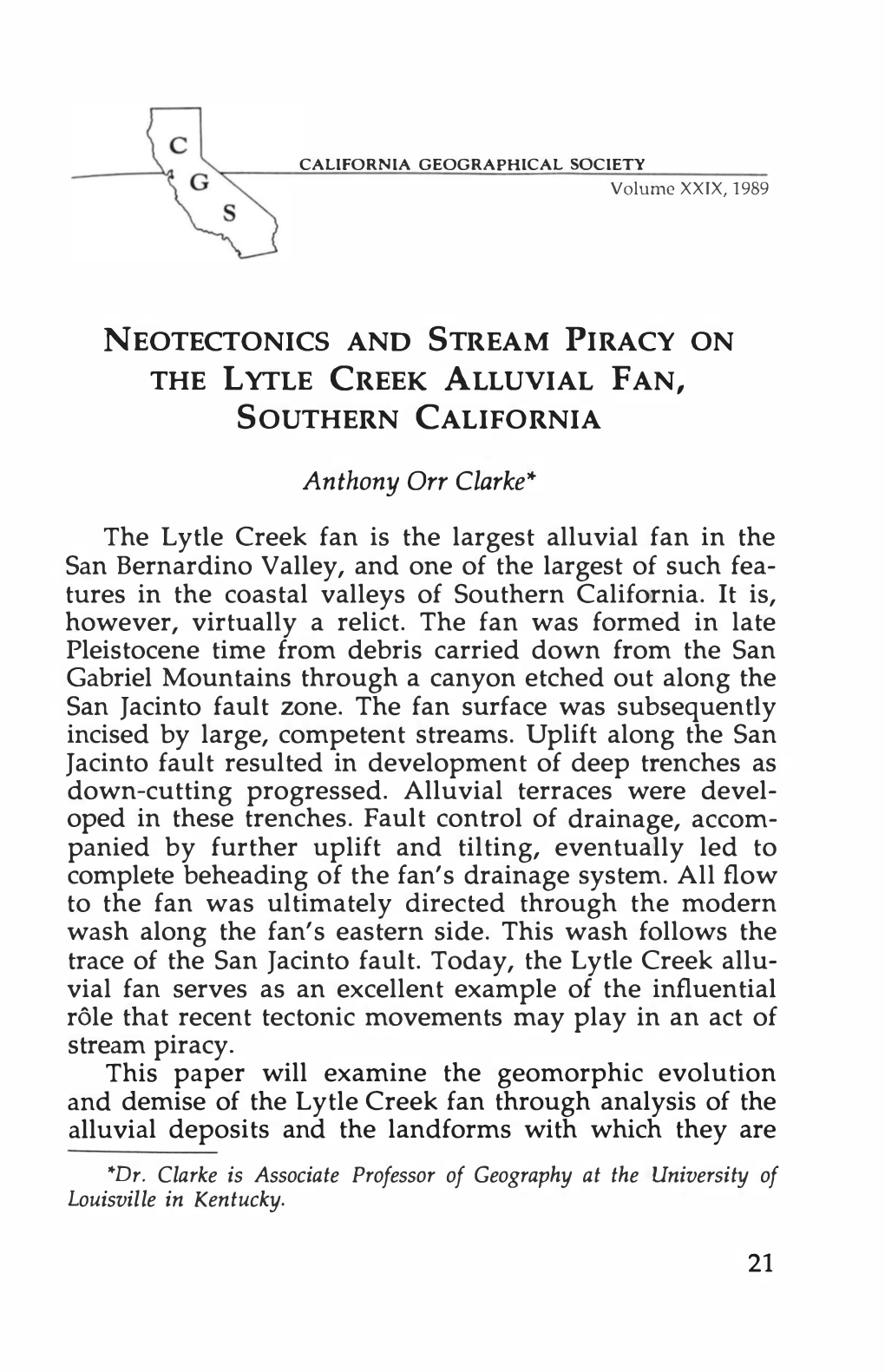 Neotectonics and Stream Piracy on the Lytle Creek Alluvial Fan, Southern California