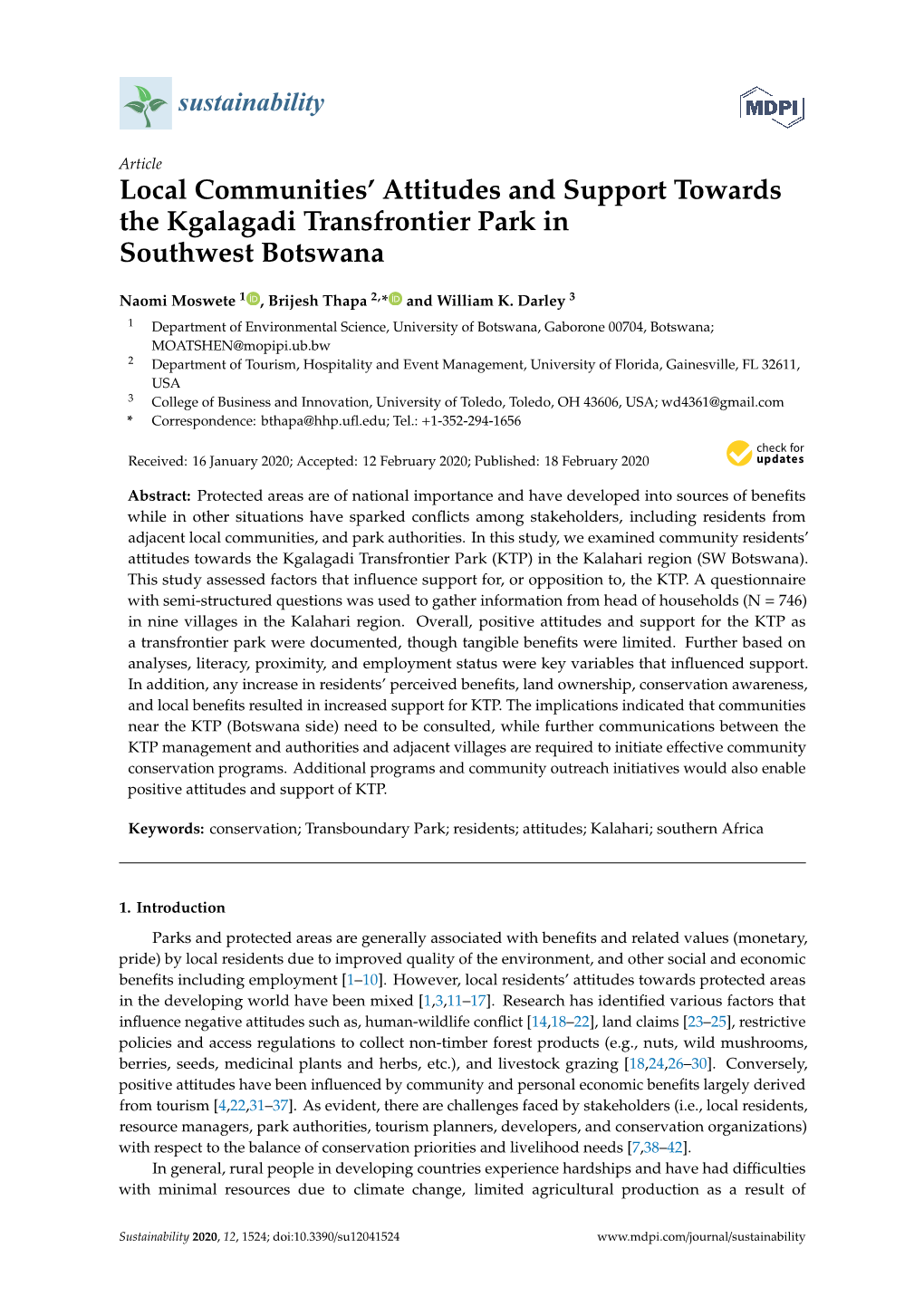 Local Communities' Attitudes and Support Towards the Kgalagadi