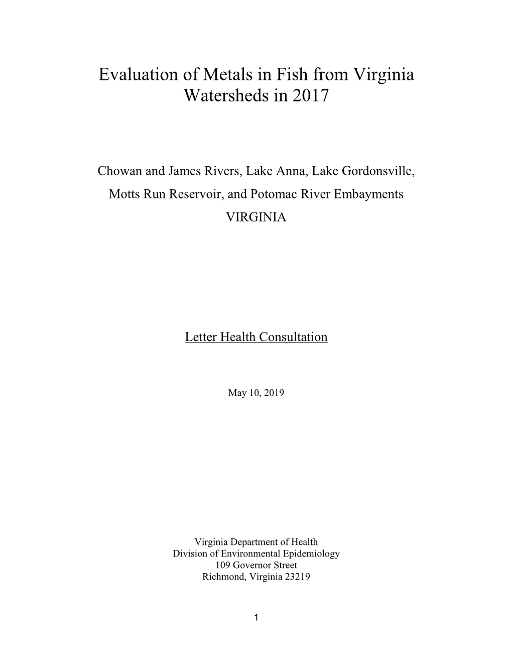 Evaluation of Metals in Fish from Virginia Watersheds in 2017