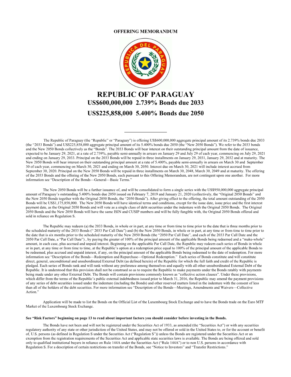 REPUBLIC of PARAGUAY US$600,000,000 2.739% Bonds Due 2033 US$225,858,000 5.400% Bonds Due 2050