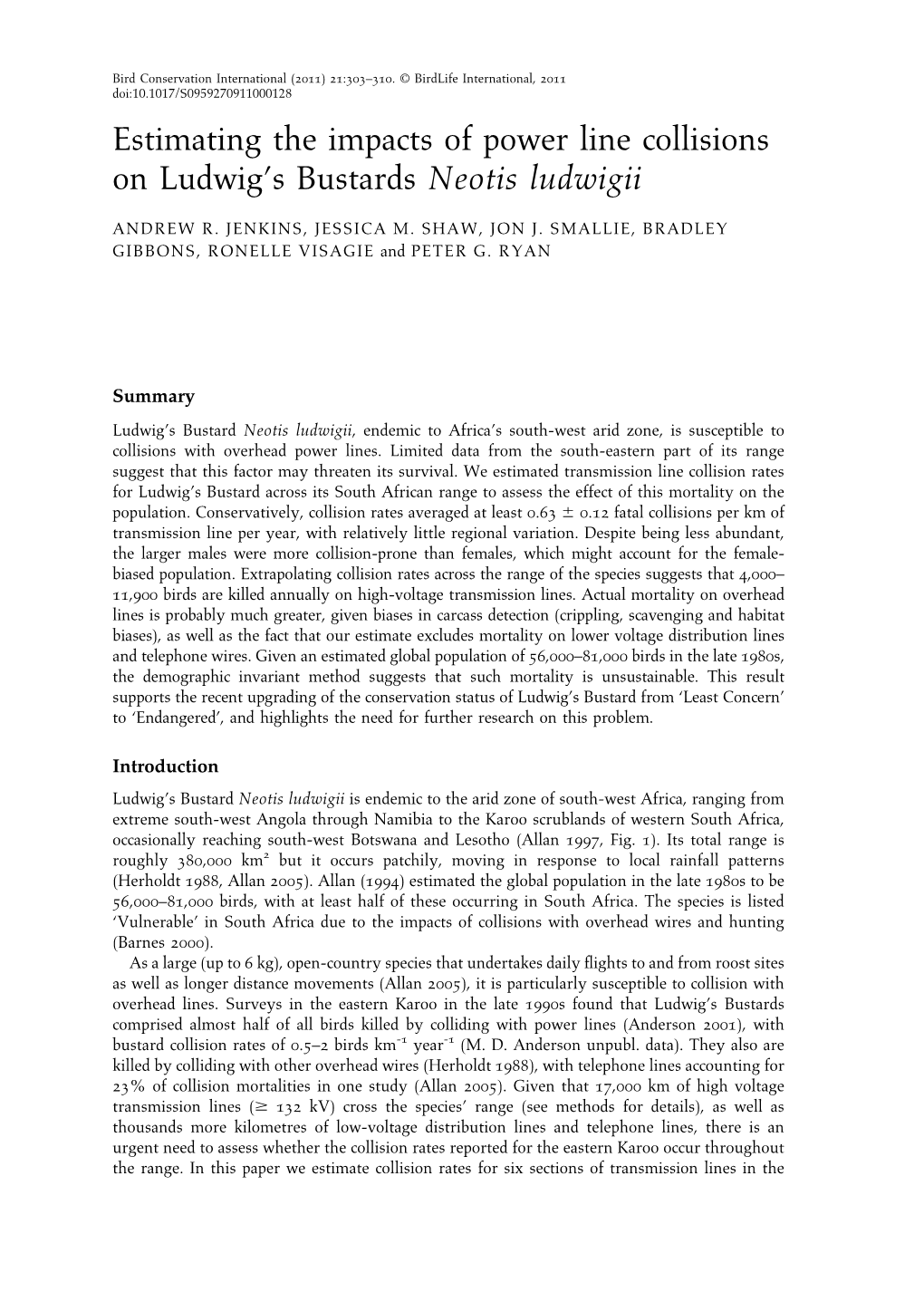 Estimating the Impacts of Power Line Collisions on Ludwig's Bustards